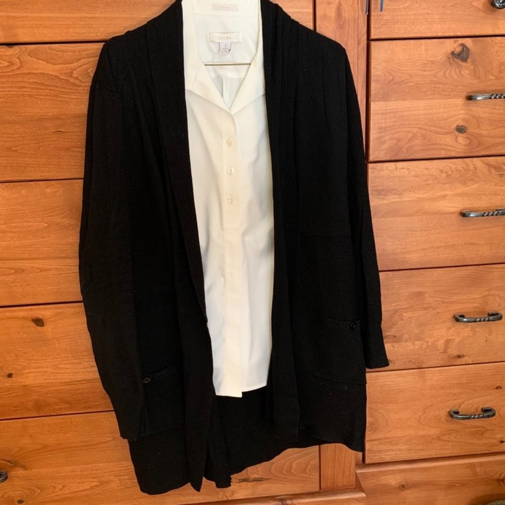 Joan Vass New York open front black cardigan  with front patch pockets
